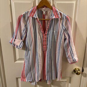 L.L. Bean Women's Striped Collard V-Neck Roll-Tab Sleeves Popover Shirt - Small